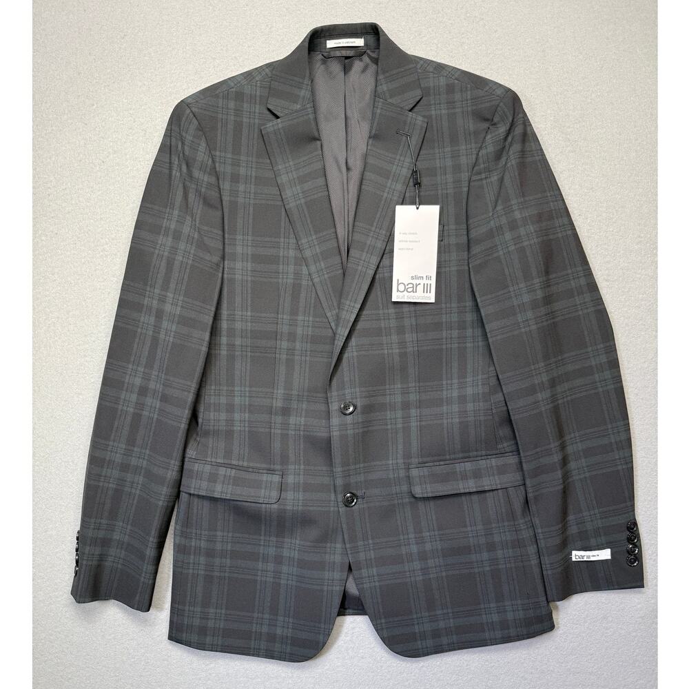 Bar III Men's Slim-Fit Wool Blend Suit Jacket plaid black/green 38L $425